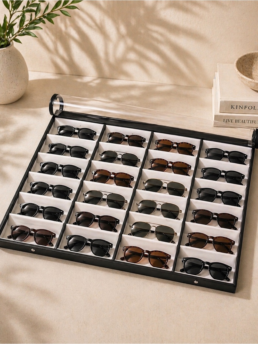 Sunglasses Organizer 18 Slot Display Tray Roll Up Cover Case Black